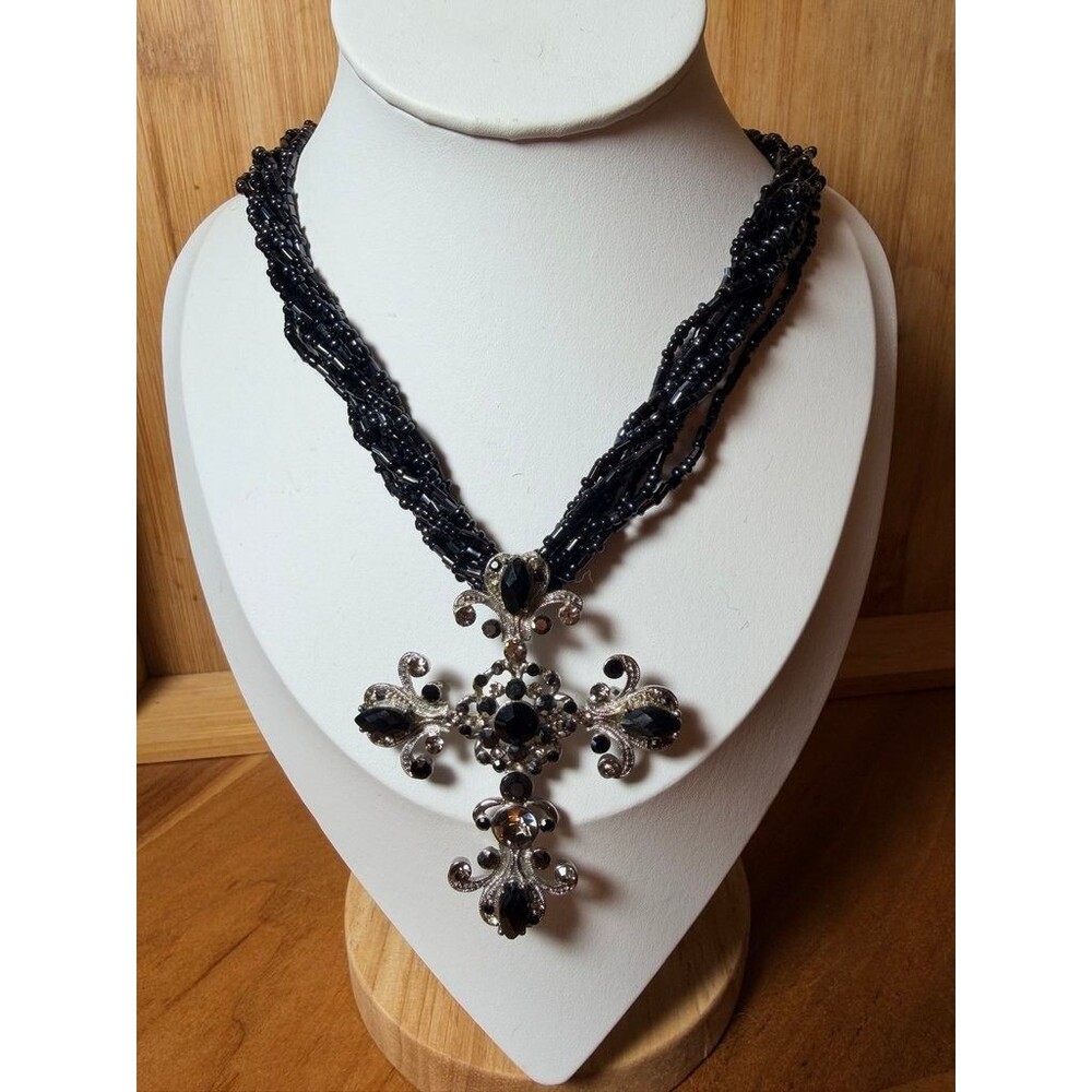 Vintage-Inspired Black Beaded Statement Necklace with Ornate Cross Pendant